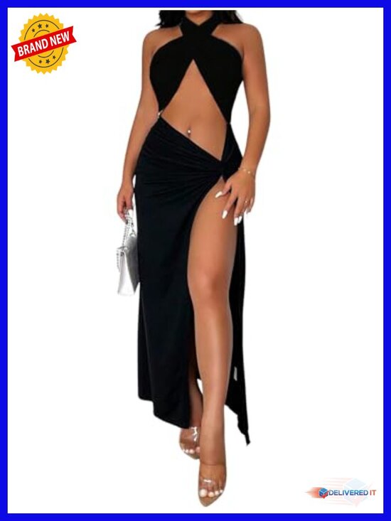 Dresses & Skirts - Sleeveless Halter Neck Backless Twist Front Maxi Dress with Split Thigh